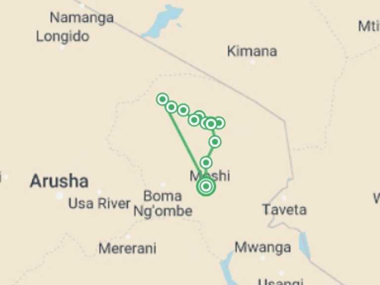 Map of Moshi Climbing Tour with 12 destination visits for the trip: Ten-Day Kilimanjaro Climb: Northern Circuit