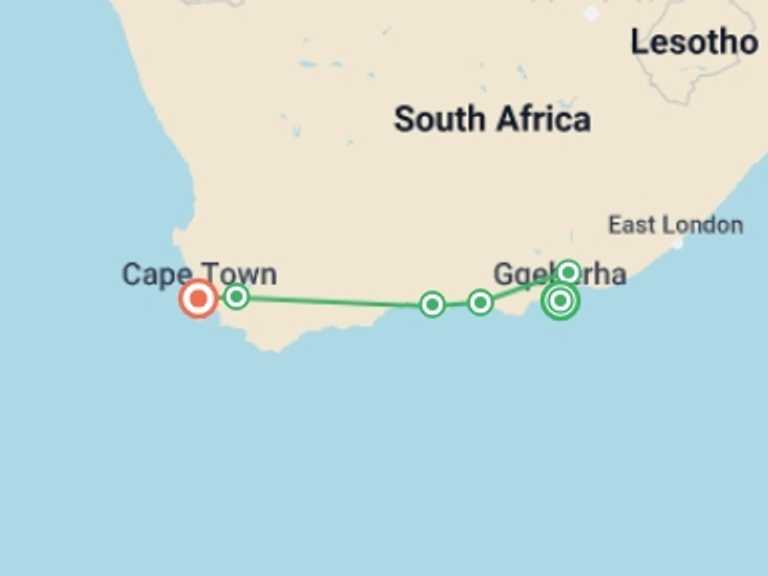 Map of 11-Day Cape Town Tour with 6 destination visits for the trip: South Africa: Cape Town & The Garden Route
