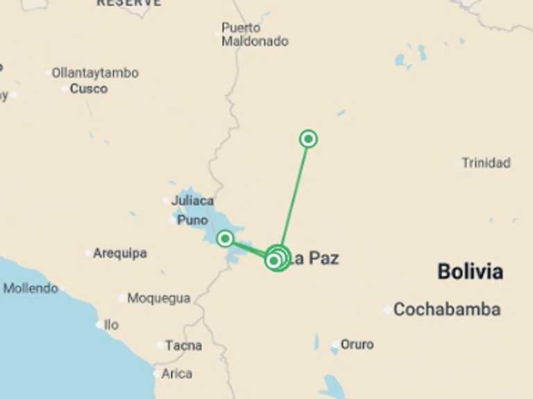 Map of Bolivia Tour with 4 destination visits for the trip: Bolivia: See & Experience it all in 10 days, Luxury Tour