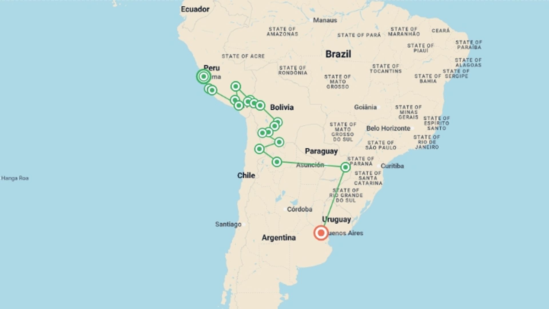 A map showing the tour itinerary for the trip: Lima to Buenos Aires (via Salta) Travel Pass, starting in Lima, Peru and ending in Buenos Aires, Argentina going through 17 other destinations.
