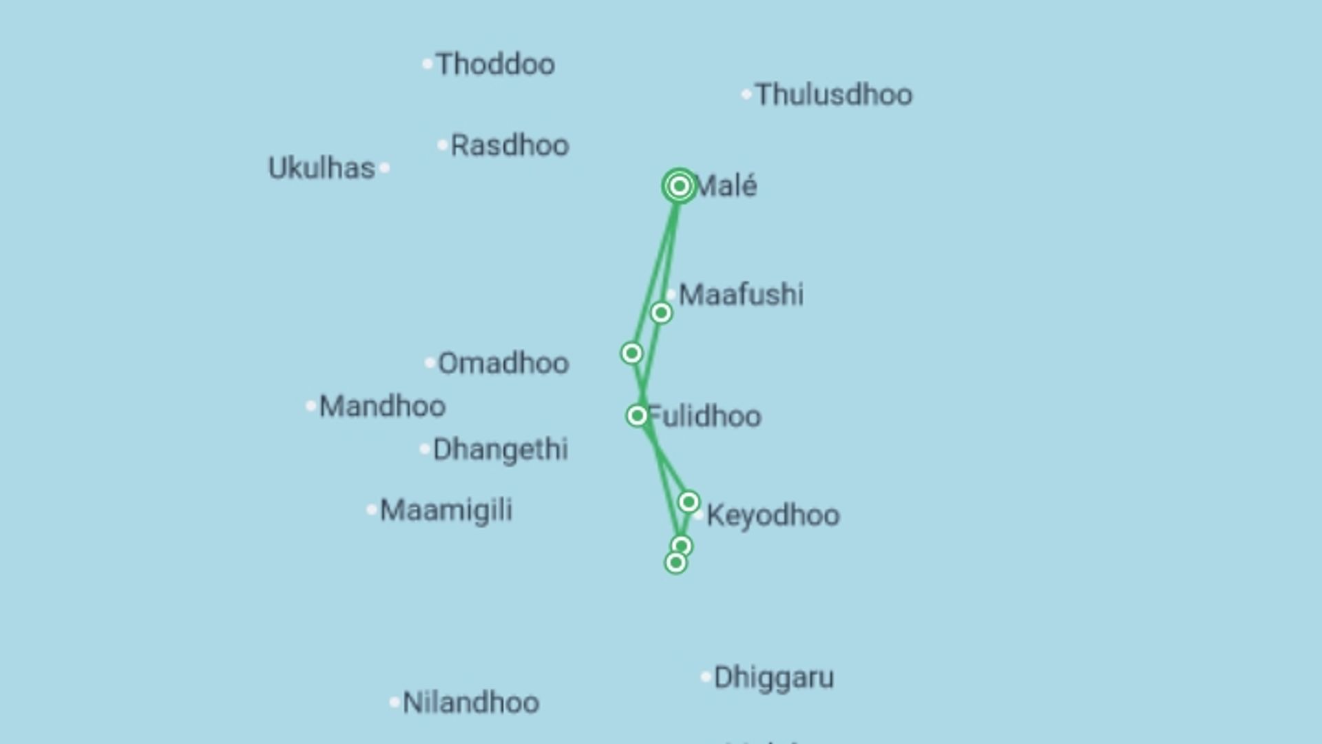 A map showing the tour itinerary for the trip: Sail Maldives, starting in Male, Maldives and ending in Male, Maldives going through 6 other destinations.