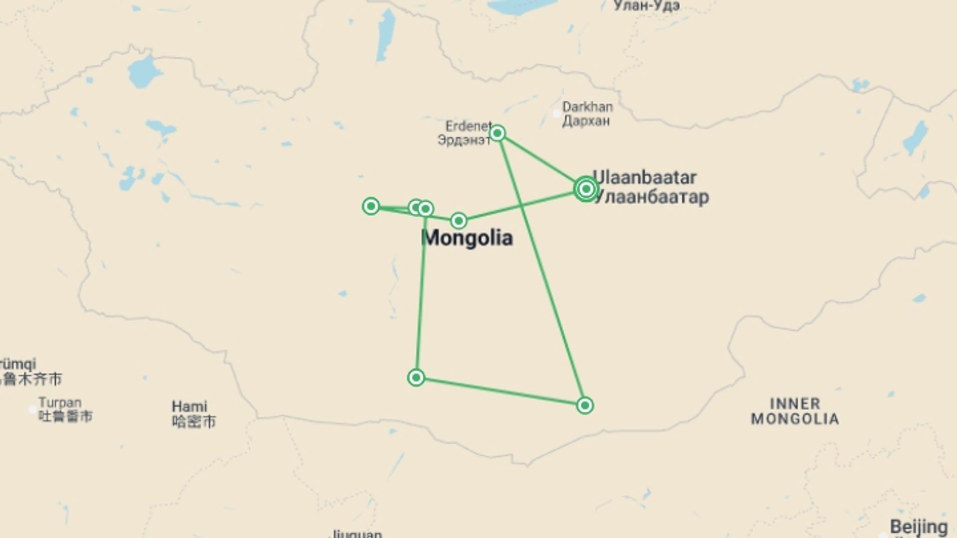 A map showing the tour itinerary for the trip: Cycling in Mongolia, starting in Ulaanbaatar, Mongolia and ending in Ulaanbaatar, Mongolia going through 7 other destinations.