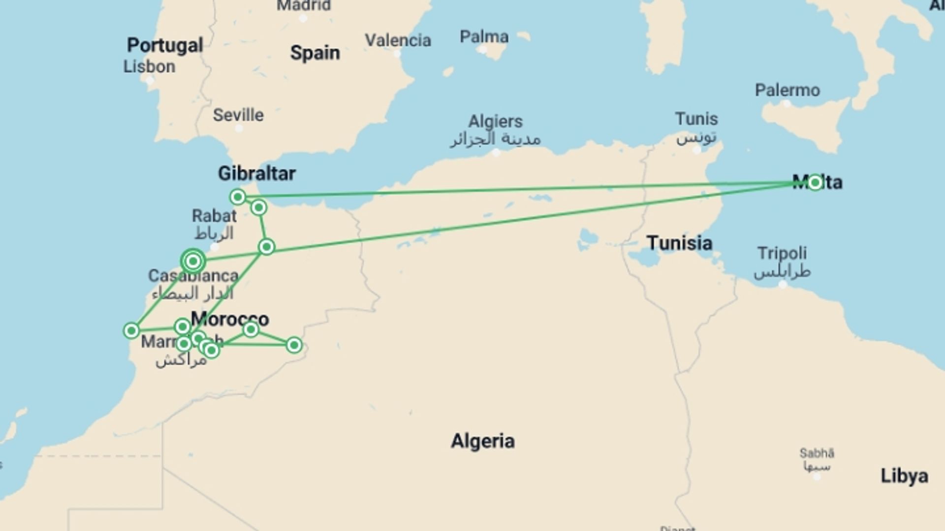A map showing the tour itinerary for the trip: Highlights of Morocco, starting in Casablanca, Morocco and ending in Casablanca, Morocco going through 8 other destinations.