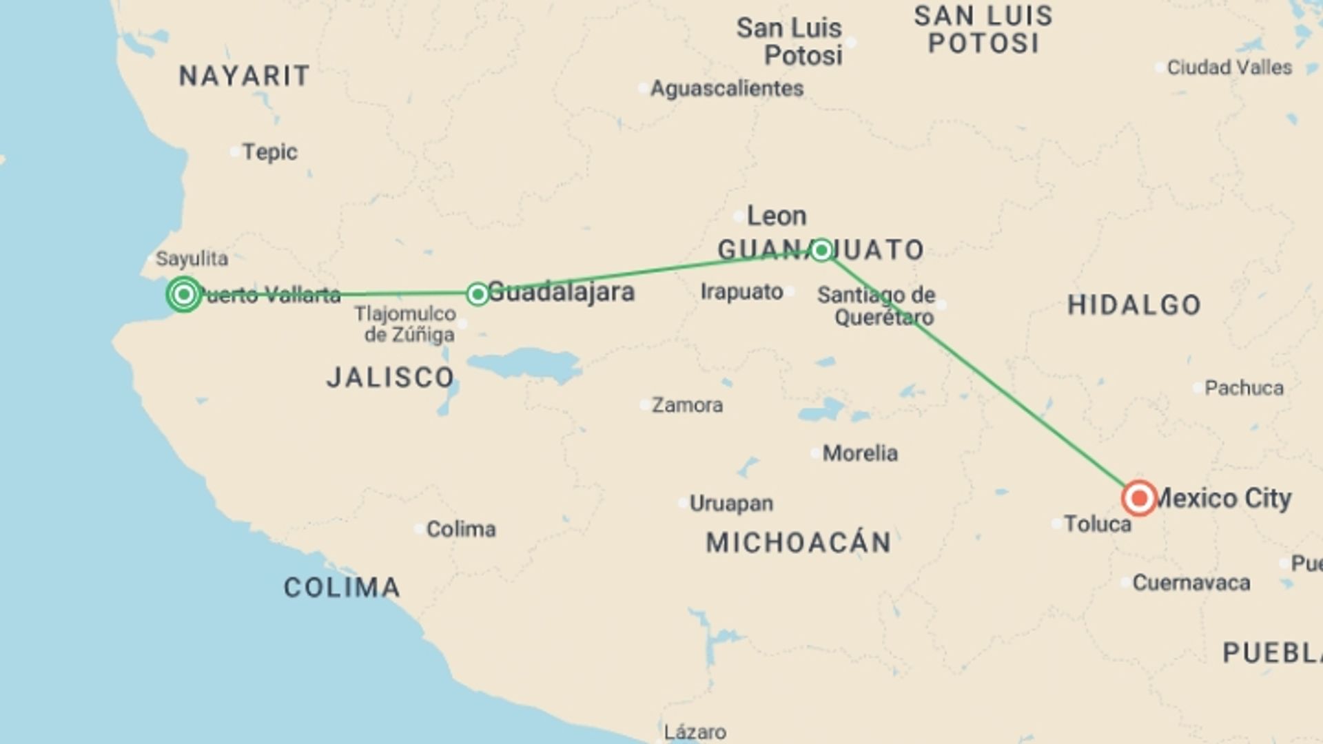 A map showing the tour itinerary for the trip: Mexican Fiesta, starting in Puerto Vallarta, Mexico and ending in Mexico City, Mexico going through 2 other destinations.