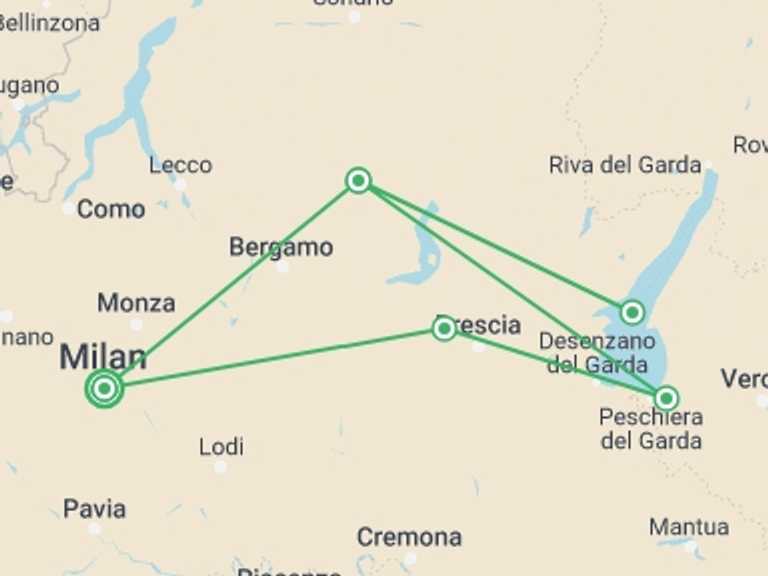 Map of Milan City sightseeing Tour with 6 destination visits for the trip: Alps by Bernina Train and Northern Lakes - 6 Days