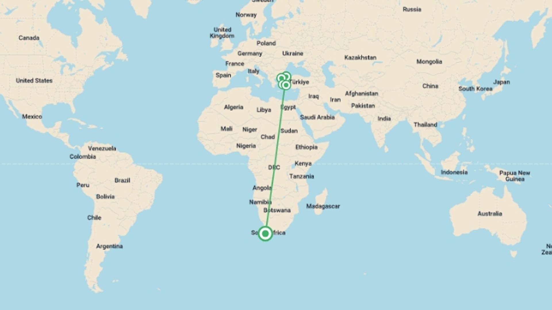 A map showing the tour itinerary for the trip: Taste of Turkey, starting in Cape Town, South Africa and ending in Cape Town, South Africa going through 4 other destinations.