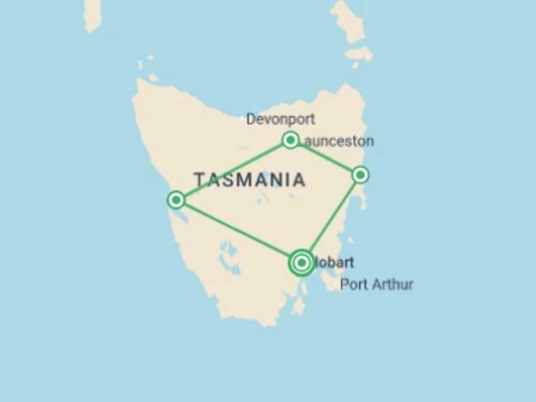 Map itinerary of Australia Tour in January 2027 with 4 destination visits for the trip: Tasmania Wilderness & Coast Discovery - 5 days
