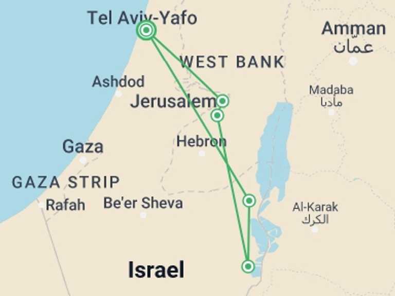 Map of 3-Day Jerusalem Tour with 3 destination visits for the trip: Christian Jerusalem, Bethlehem And Masada, 3 Days From Tel Aviv