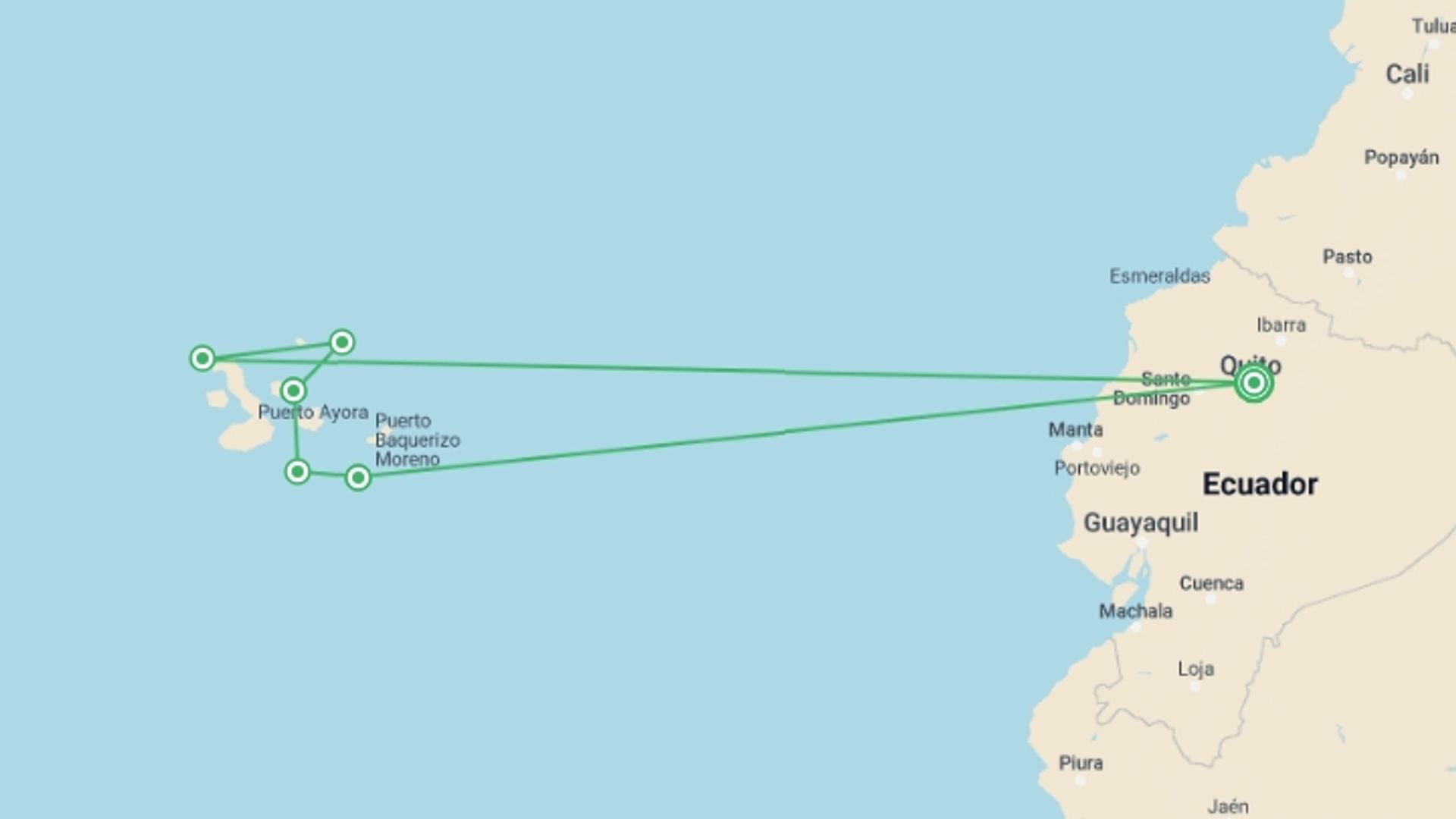 A map showing the tour itinerary for the trip: Galapagos - Central, North, South and East Islands aboard the Archipel I, starting in Quito, Ecuador and ending in Quito, Ecuador going through 5 other destinations.