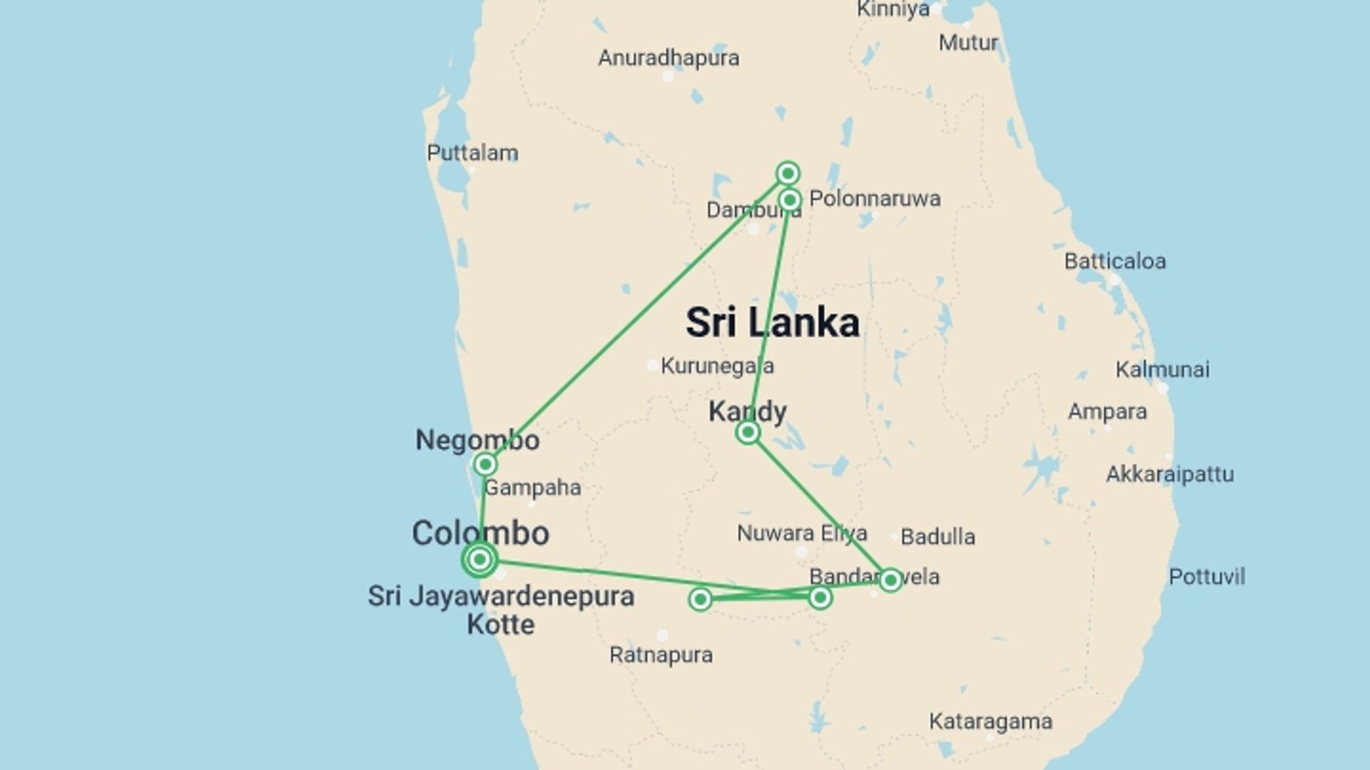 A map showing the tour itinerary for the trip: Hidden Gems and Iconic Highlights of Sri Lanka, starting in Colombo, Sri Lanka and ending in Colombo, Sri Lanka going through 8 other destinations.