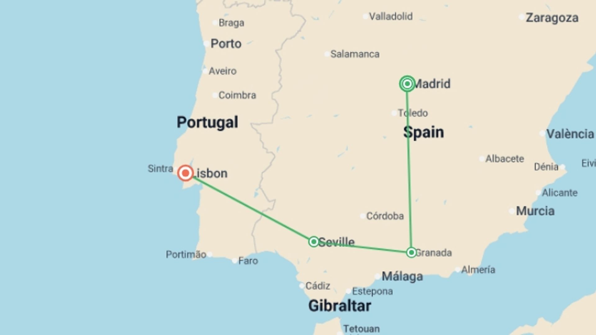 A map showing the tour itinerary for the trip: South of Spain with Lisbon (without Alhambra) GO, starting in Madrid, Spain and ending in Lisbon, Portugal going through 2 other destinations.