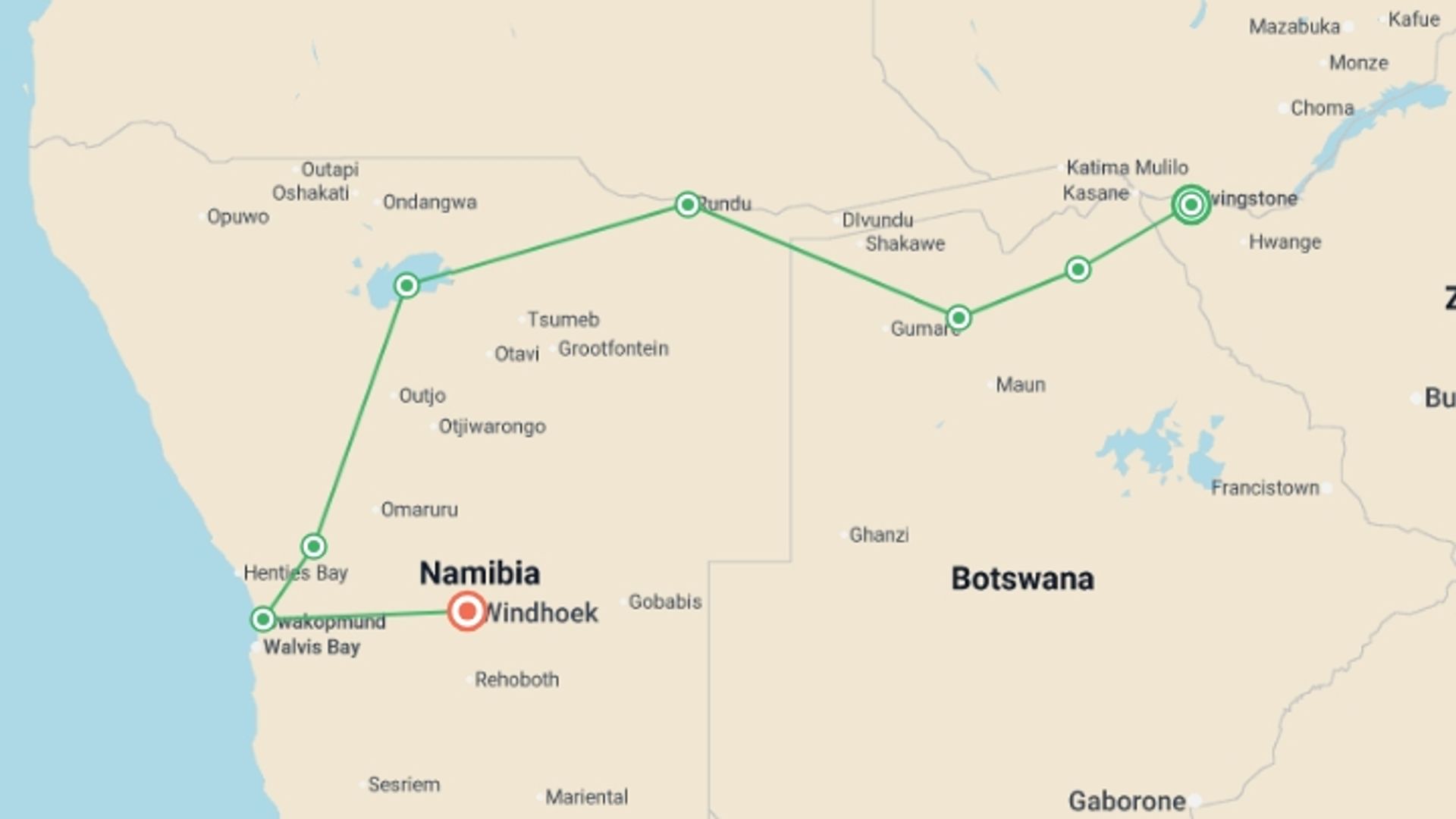 A map showing the tour itinerary for the trip: Chobe, Okavango & Etosha - 14 days, starting in Victoria Falls, Zimbabwe and ending in Windhoek, Namibia going through 6 other destinations.