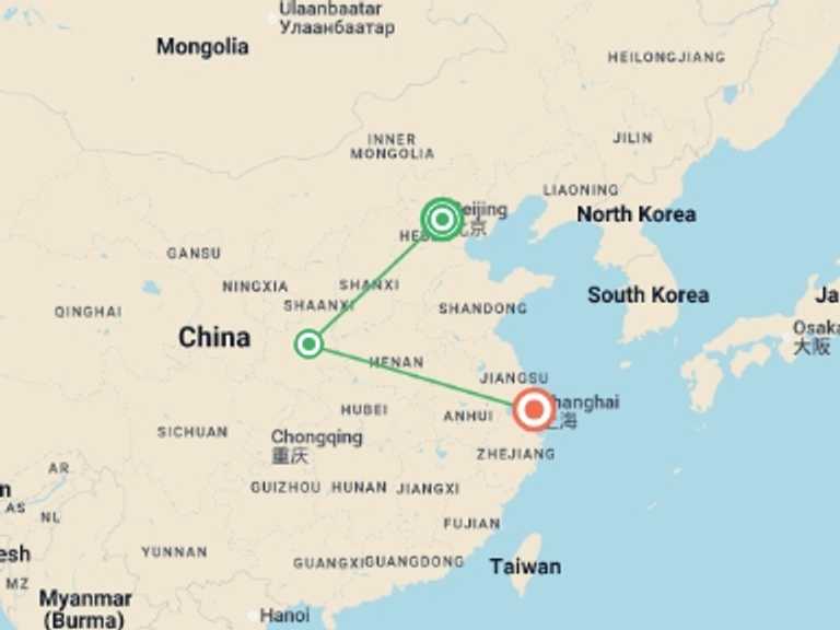 Map of China Tour with 3 destination visits for the trip: Totally China - 8 days