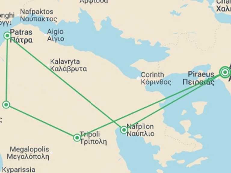 Map of Athens City sightseeing Tour with 2 destination visits for the trip: Peloponnese and Saronic Islands