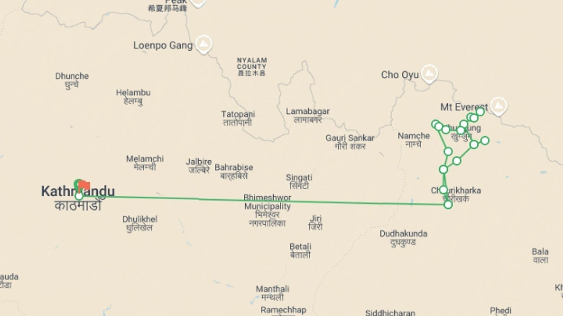 A map showing the tour itinerary for the trip: Everest Base Camp - Chola Pass- Gokyo Trek, starting in Kathmandu, Nepal and ending in Kathmandu, Nepal going through 12 other destinations.