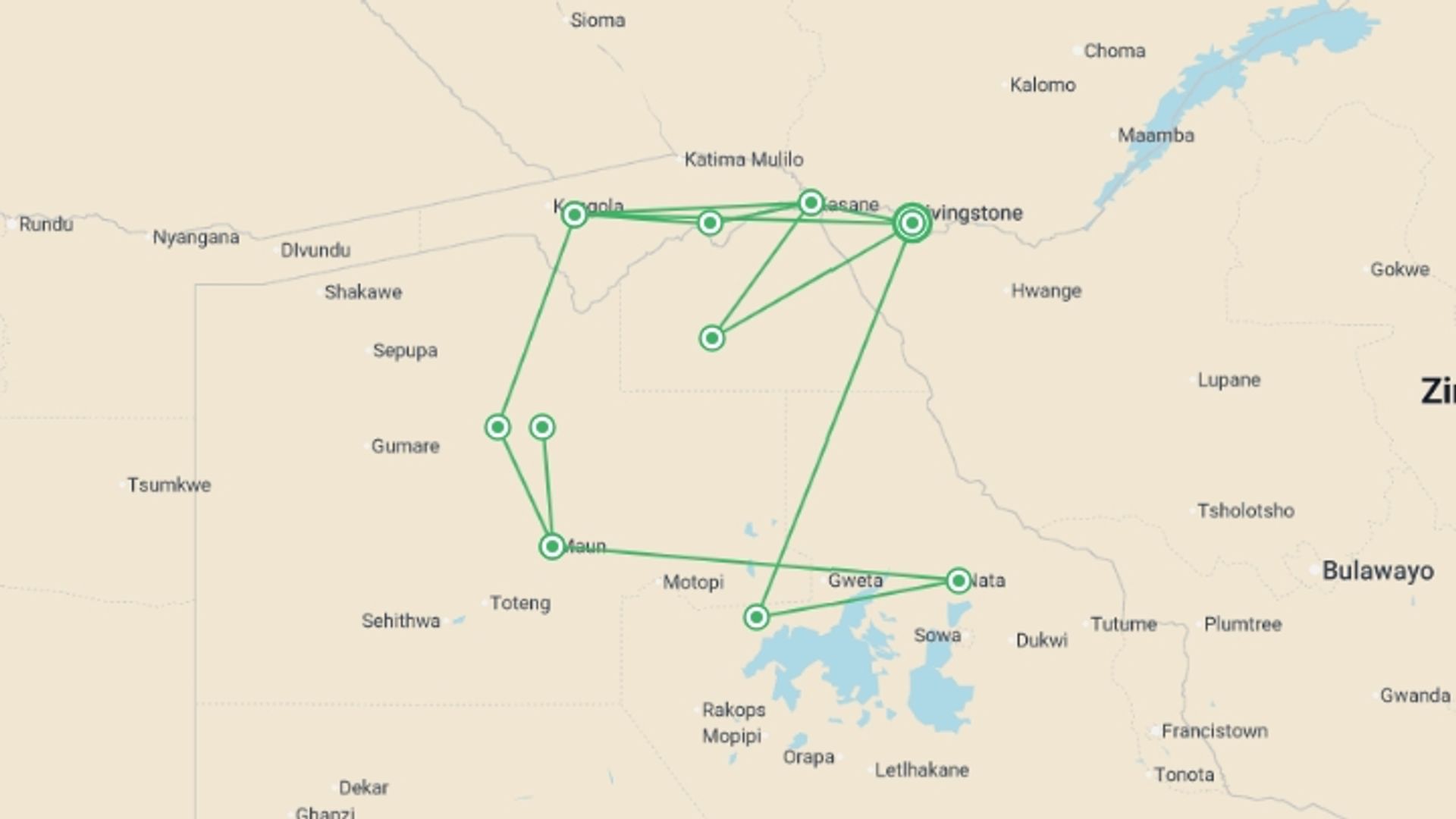 A map showing the tour itinerary for the trip: Botswana Delta and Wildlife Explorer, starting in Victoria Falls, Zimbabwe and ending in Victoria Falls, Zimbabwe going through 8 other destinations.