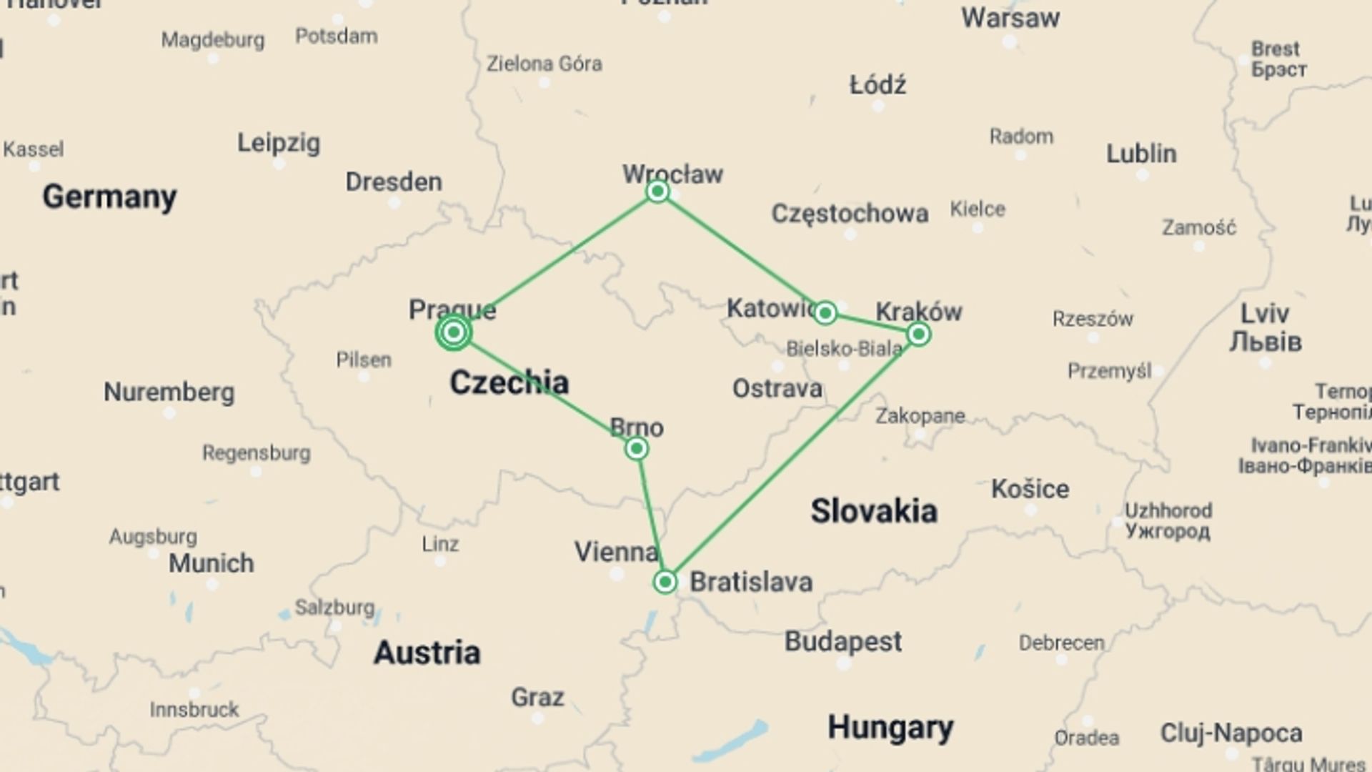 A map showing the tour itinerary for the trip: Czech Republic and Poland Highlights, Ending in Prague, starting in Prague, Czech Republic and ending in Prague, Czech Republic going through 3 other destinations.