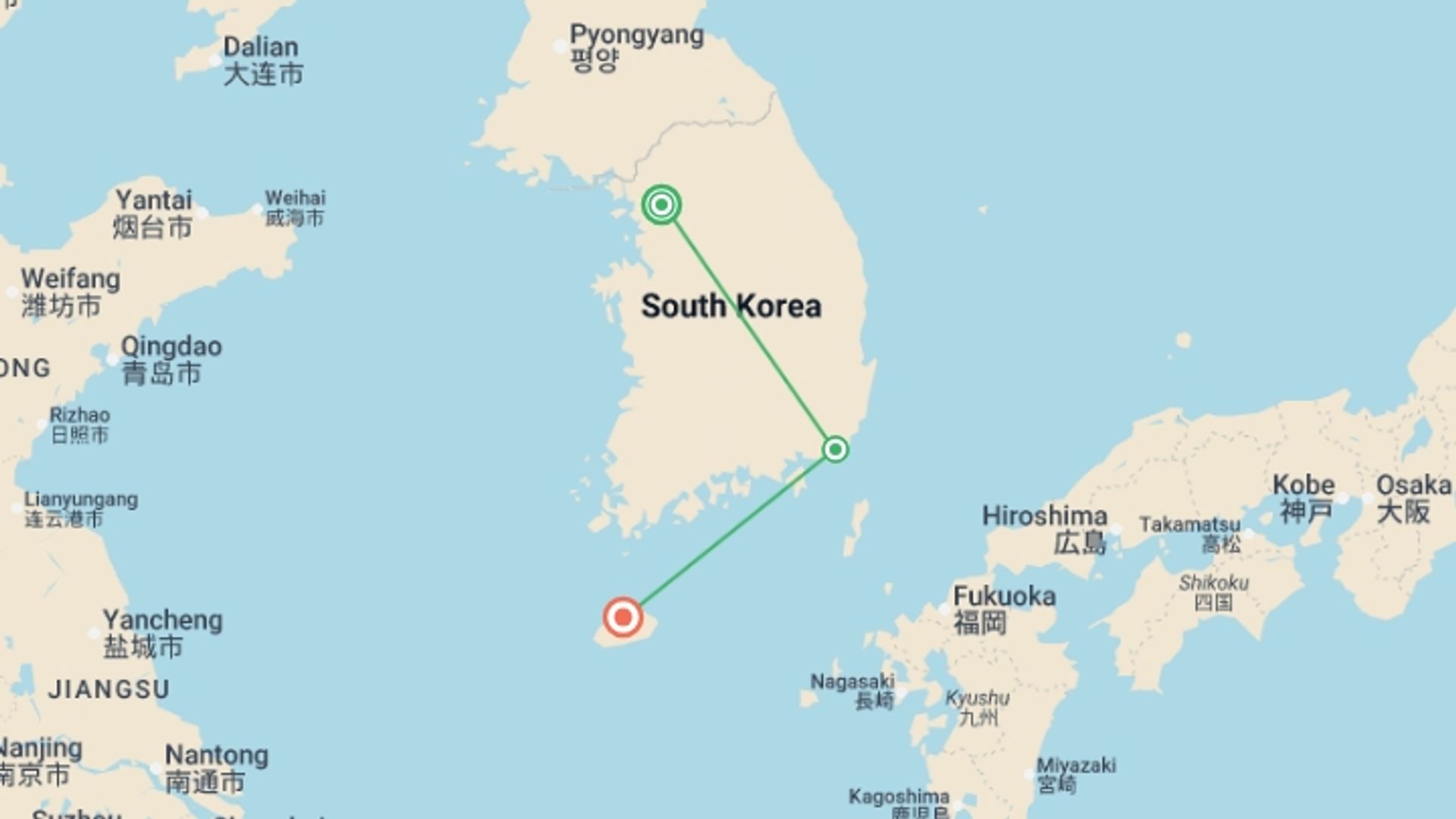 A map showing the tour itinerary for the trip: Seoul, Busan, and Jeju Island, starting in Seoul, South Korea and ending in Jeju, South Korea going through 2 other destinations.