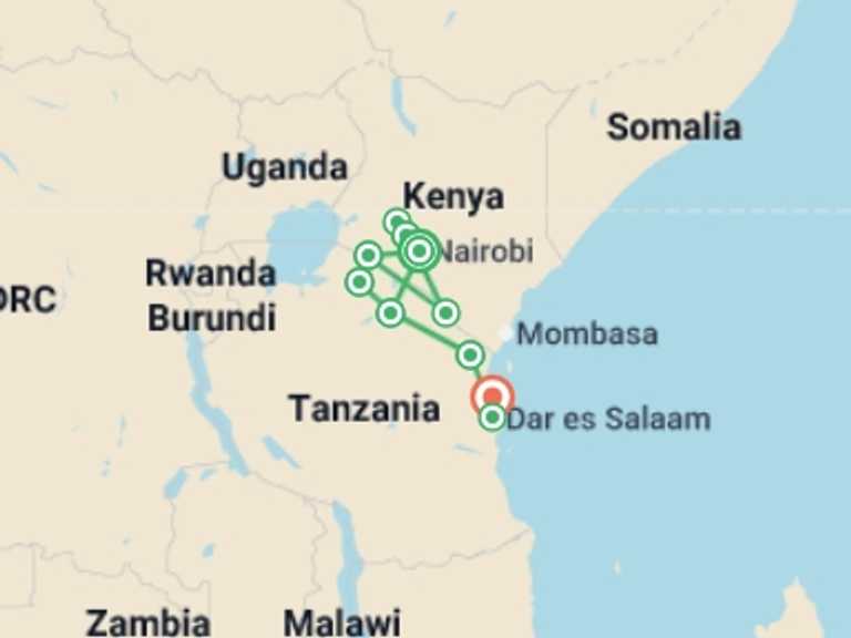 Map itinerary of Zanzibar Tour in Summer with 11 destination visits for the trip: Best of East Africa