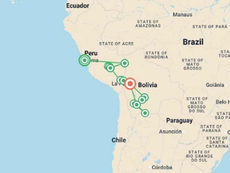 Map of South America Tour with 12 destination visits for the trip: Explore Peru & Bolivia