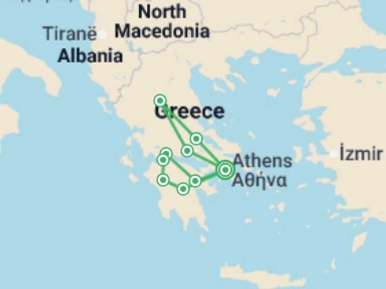 Map of 7-Day Athens Tour with 3 destination visits for the trip: Unique Greece