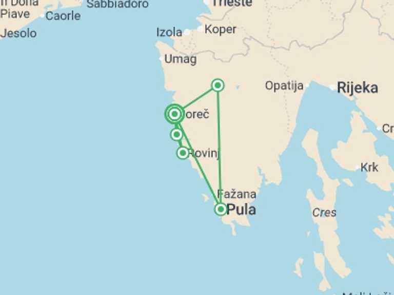 Map itinerary of Porec Tour in October 2026 with 1 destination visits for the trip: Incredible Istria - 8 days
