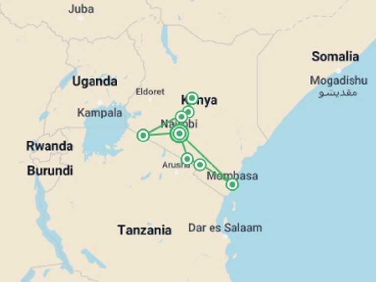 Map of Nairobi Wildlife safaris and game drives Tour with 8 destination visits for the trip: 16 Days Kenya Safari