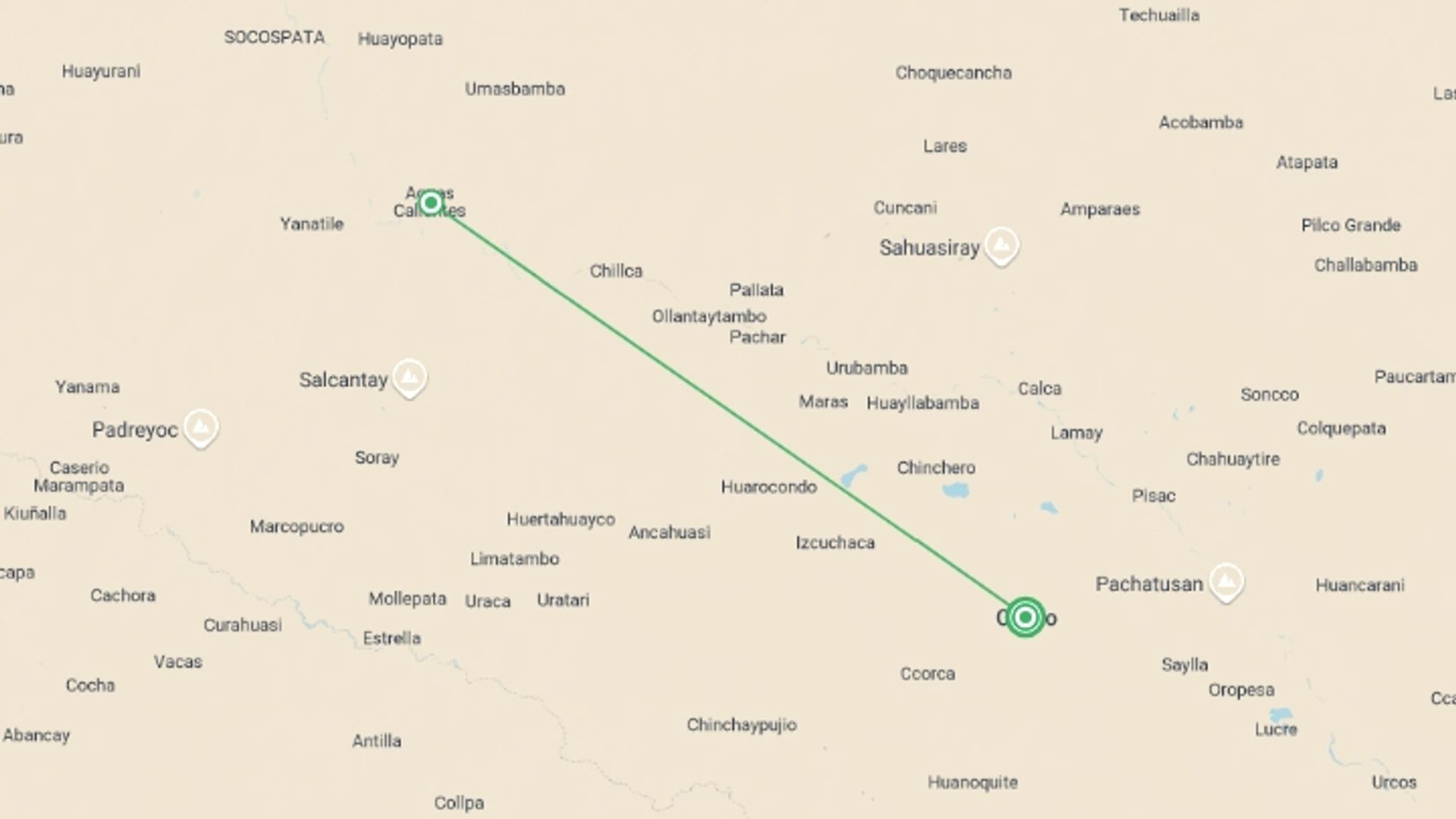 A map showing the tour itinerary for the trip: Machu Picchu by Train Independent Adventure - Upgraded, starting in Cusco, Peru and ending in Cusco, Peru going through 1 other destinations.