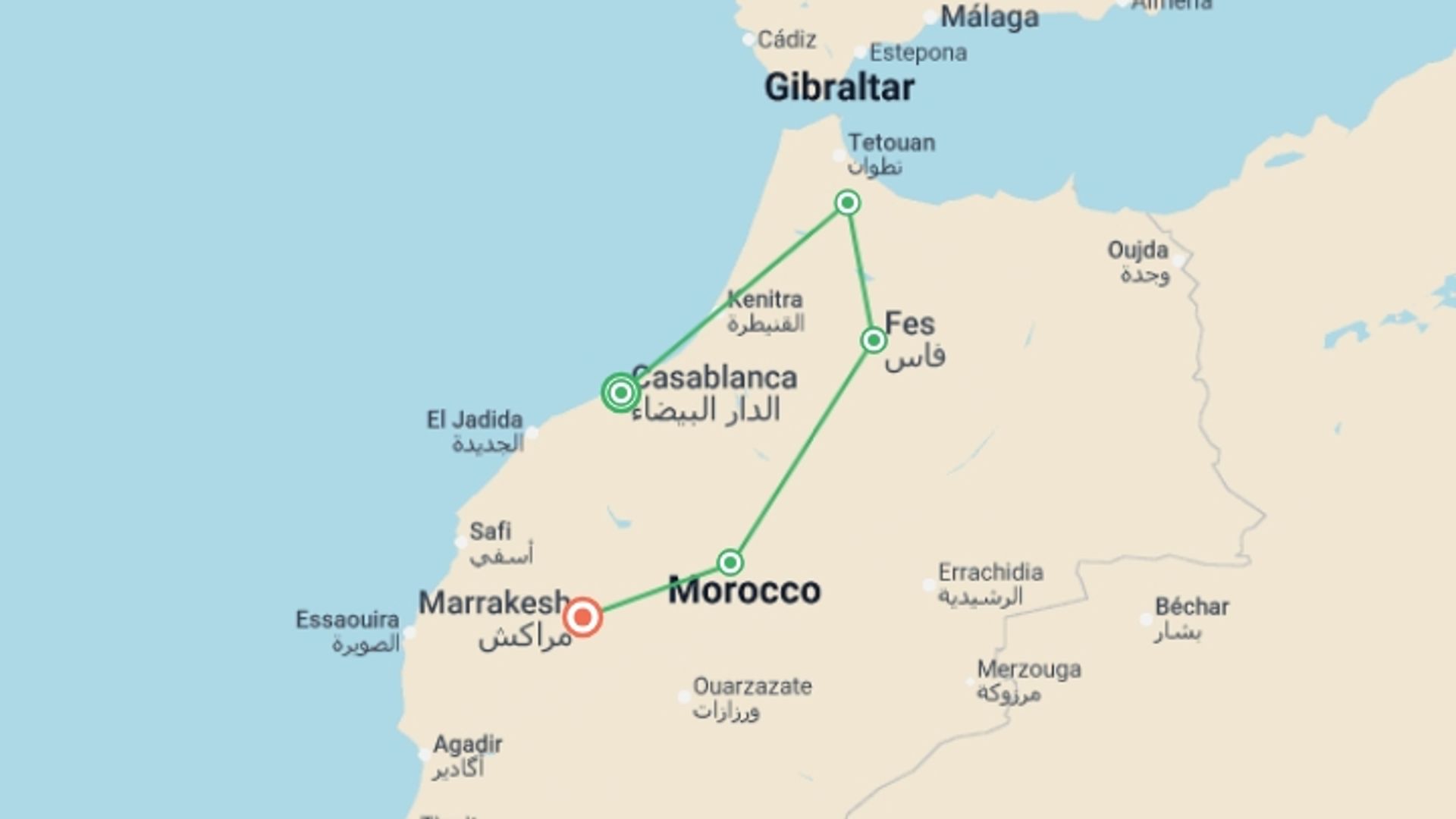 A map showing the tour itinerary for the trip: Morocco Eclipse 2027: Wonders of Earth & Sky, starting in Casablanca, Morocco and ending in Marrakech, Morocco going through 3 other destinations.