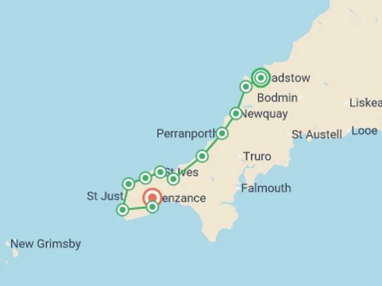Map of Europe Explorer Tour with 13 destination visits for the trip: South West Coast Path: Padstow to Penzance - 13 Days