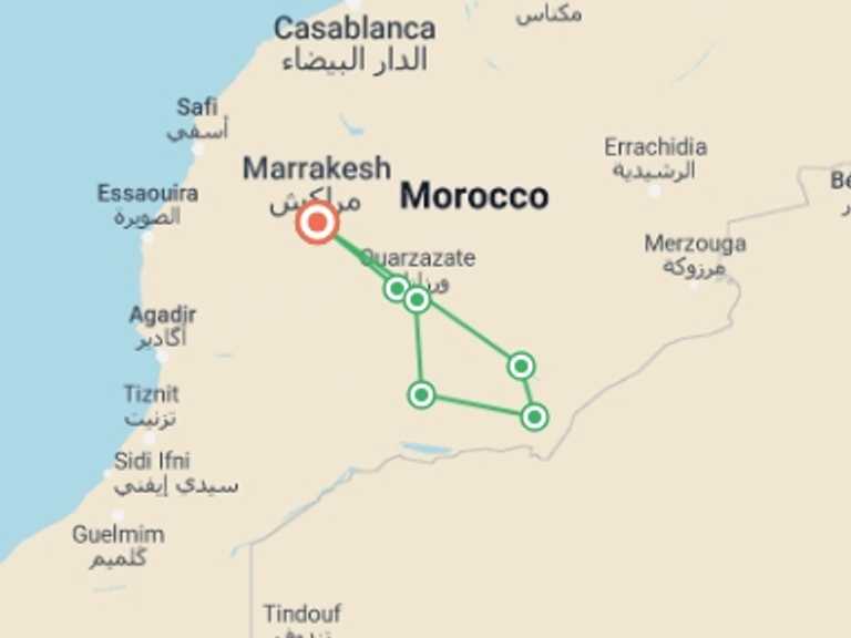 Map of Morocco Tour with 3 destination visits for the trip: Marrakech & Zagora Tour