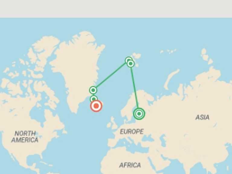 Map of 15-Day Northern Europe Tour with 8 destination visits for the trip: Three Arctic Islands: Spitsbergen, Greenland and Iceland (Southbound)