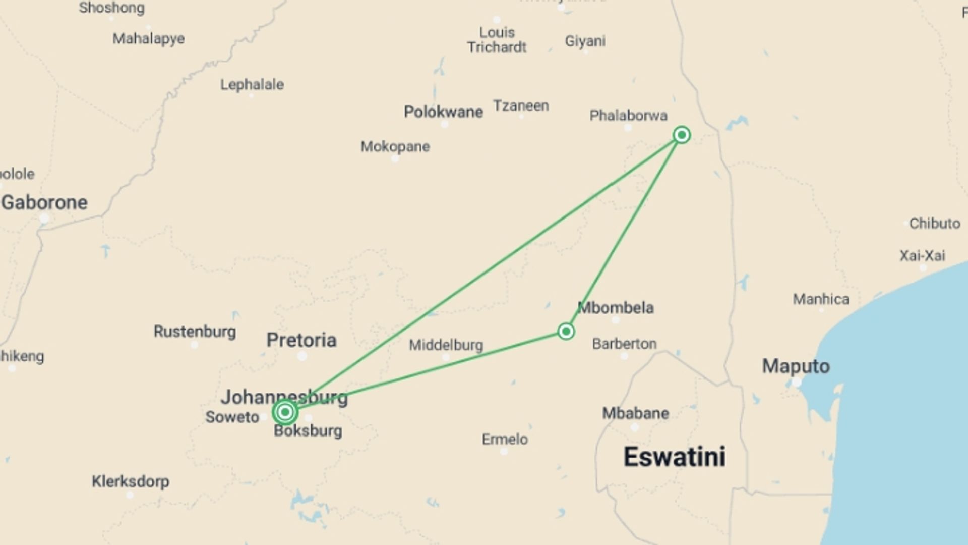 A map showing the tour itinerary for the trip: Kruger Park Explorer, starting in Johannesburg, South Africa and ending in Johannesburg, South Africa going through 3 other destinations.