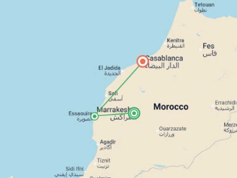 Map itinerary of Africa Tour in December 2026 with 3 destination visits for the trip: Casablanca to Marrakech & Coast (5 Star) - 6 days