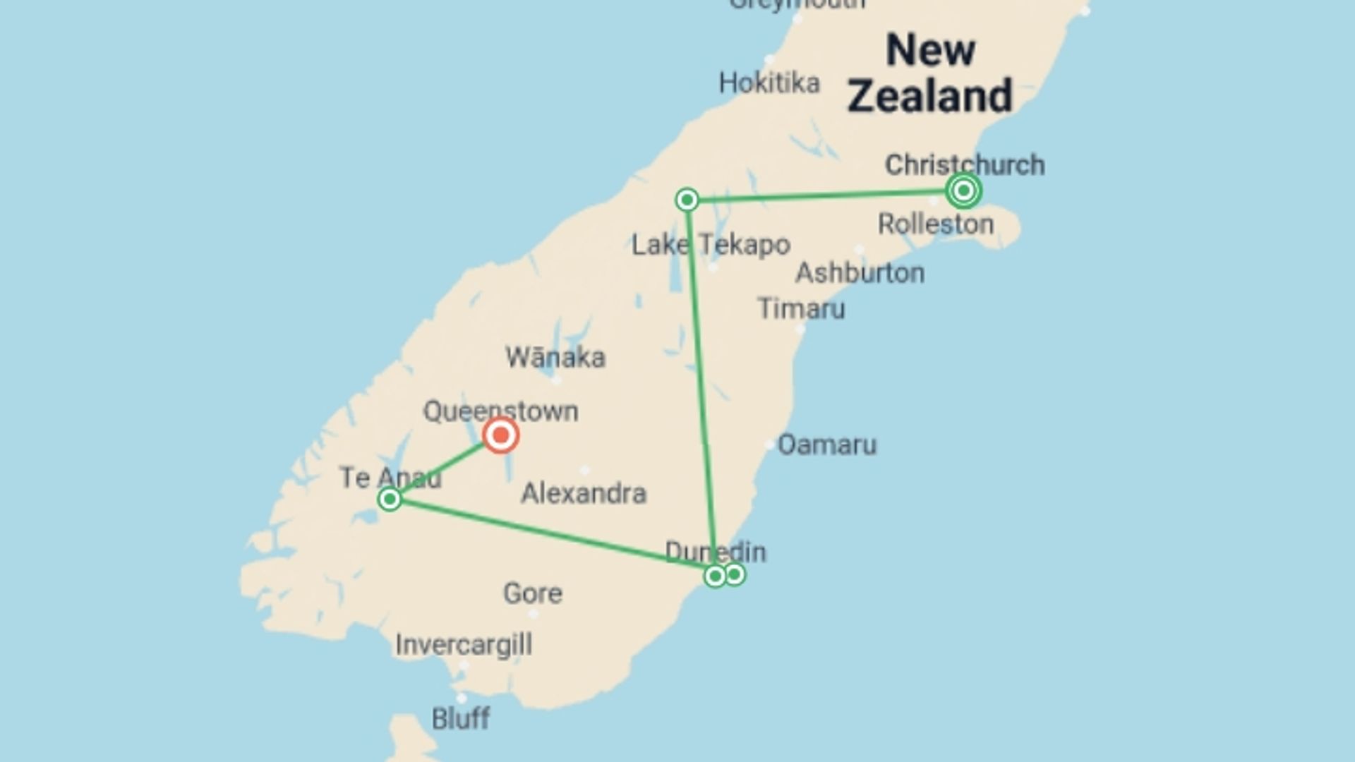 A map showing the tour itinerary for the trip: New Zealand Southern Island Explorer, starting in Christchurch, New Zealand and ending in Queenstown, New Zealand going through 3 other destinations.