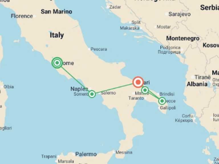 Map of Mediterranean Tour with 5 destination visits for the trip: Rome to Sorrento, Capri & Puglia - 12 days 