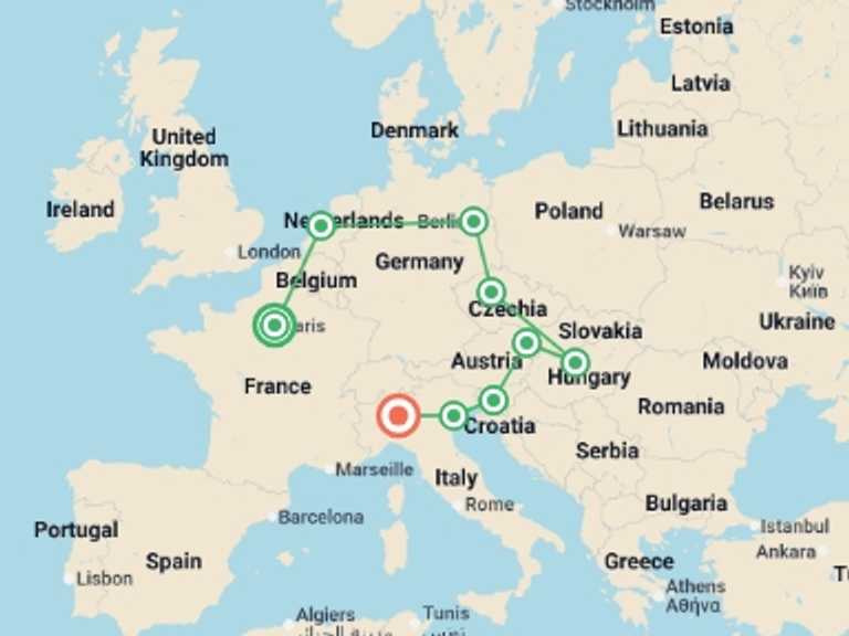 Map itinerary of Europe Tour in Summer with 9 destination visits for the trip: Discover Europe by Rail - Paris to Milan