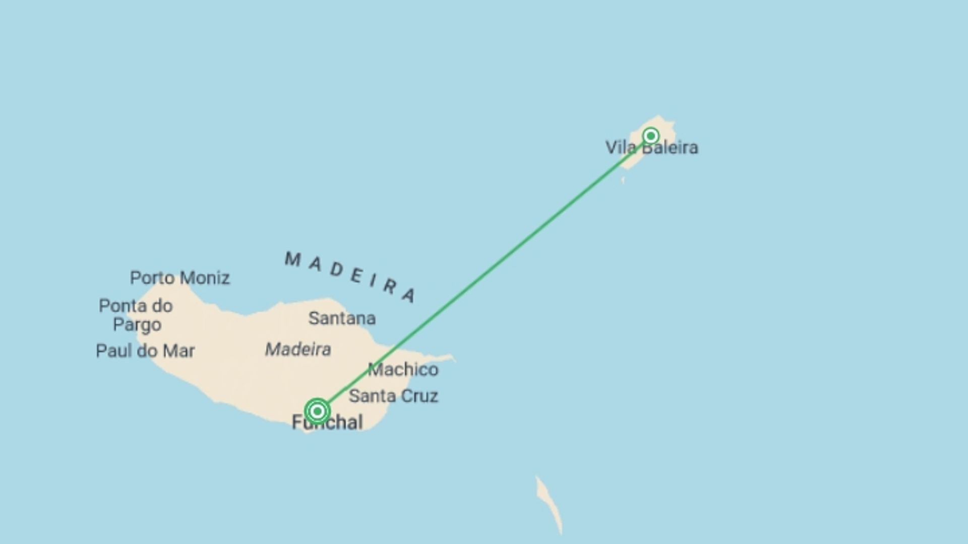 A map showing the tour itinerary for the trip: Upgraded - Madeira Island Discovery, starting in Funchal, Portugal and ending in Funchal, Portugal going through 1 other destinations.