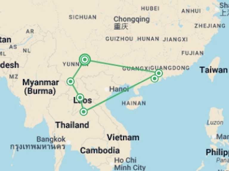 Map itinerary of Asia Tour in December 2026 with 5 destination visits for the trip: Cultural Gems And Vibrant Delights: A Trip To Yunan, Laos And Guangzhou Tour