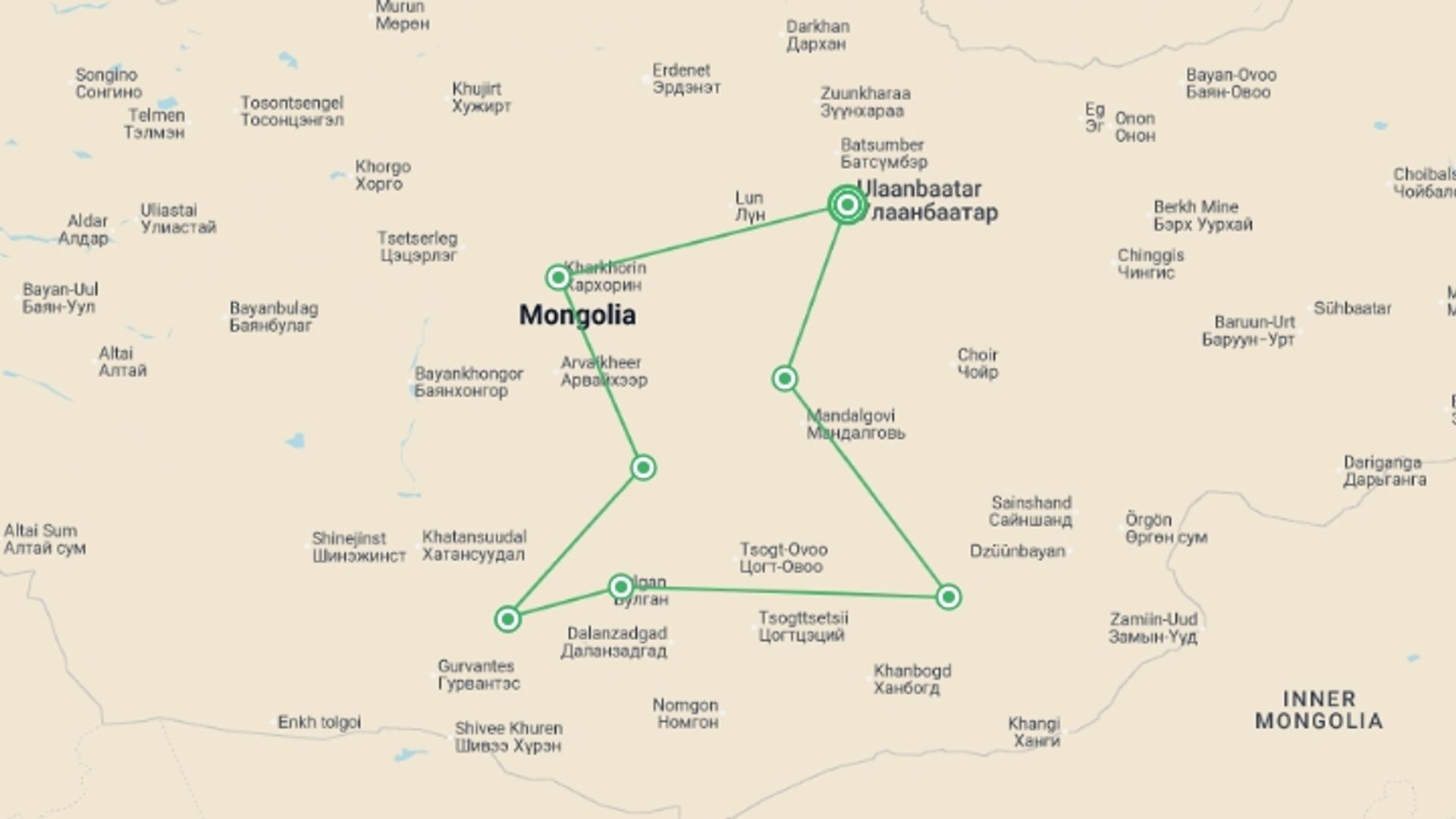 A map showing the tour itinerary for the trip: Mongolia's Naadam Festival, starting in Ulaanbaatar, Mongolia and ending in Ulaanbaatar, Mongolia going through 6 other destinations.