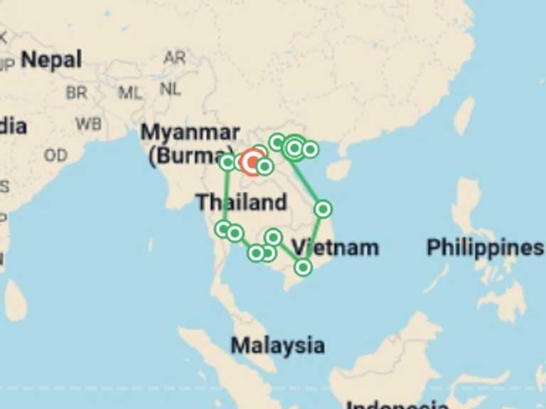 Map of a Adventure and sport Tour with 15 destination visits for the trip: Southeast Asia Immersion: Vietnam, Cambodia, Thailand & Laos