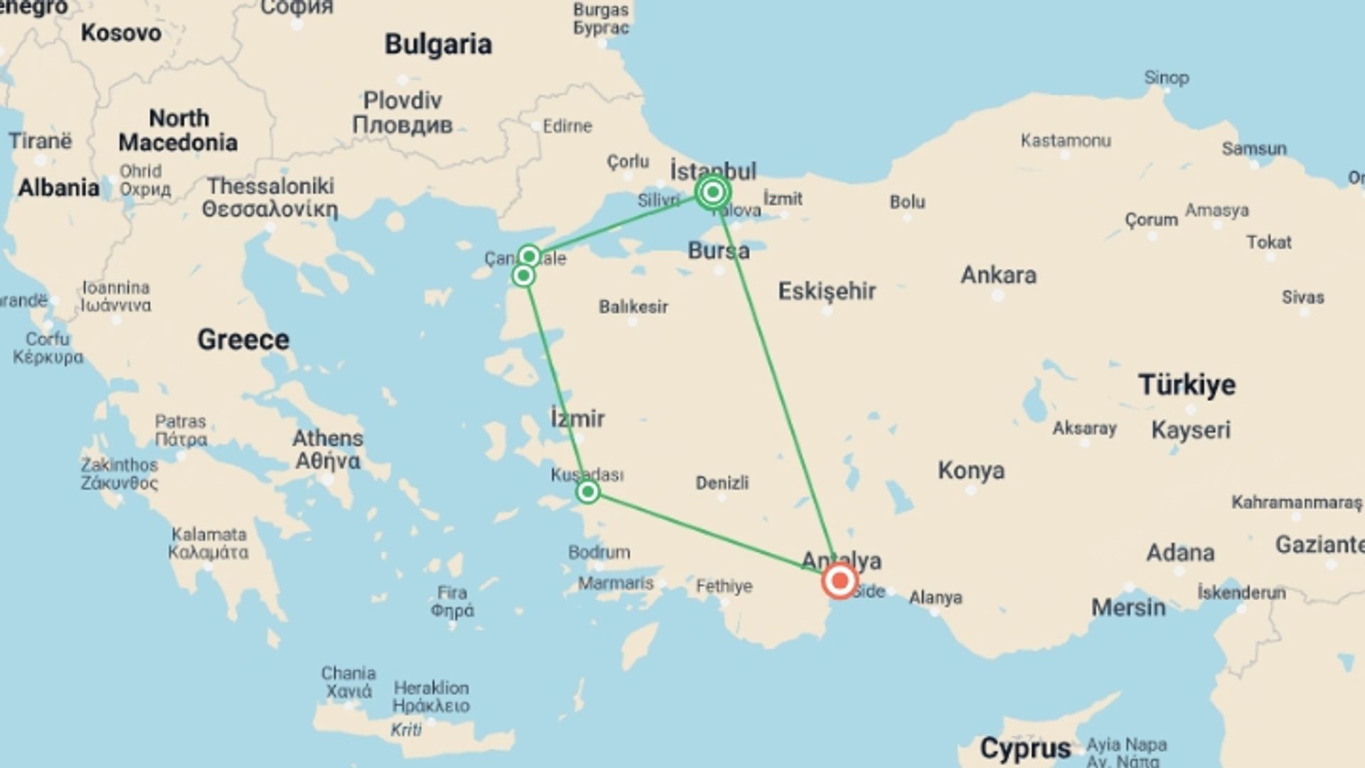 A map showing the tour itinerary for the trip: Pearls Of Turkey, starting in Istanbul, Turkey and ending in Antalya, Turkey going through 2 other destinations.