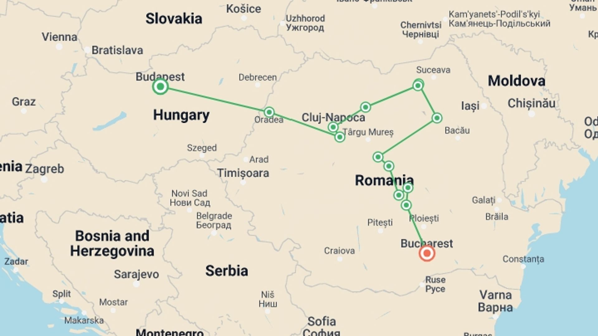 A map showing the tour itinerary for the trip: Eight days tour of Romania from Budapest to Bucharest, starting in Budapest, Hungary and ending in Bucharest, Romania going through 6 other destinations.
