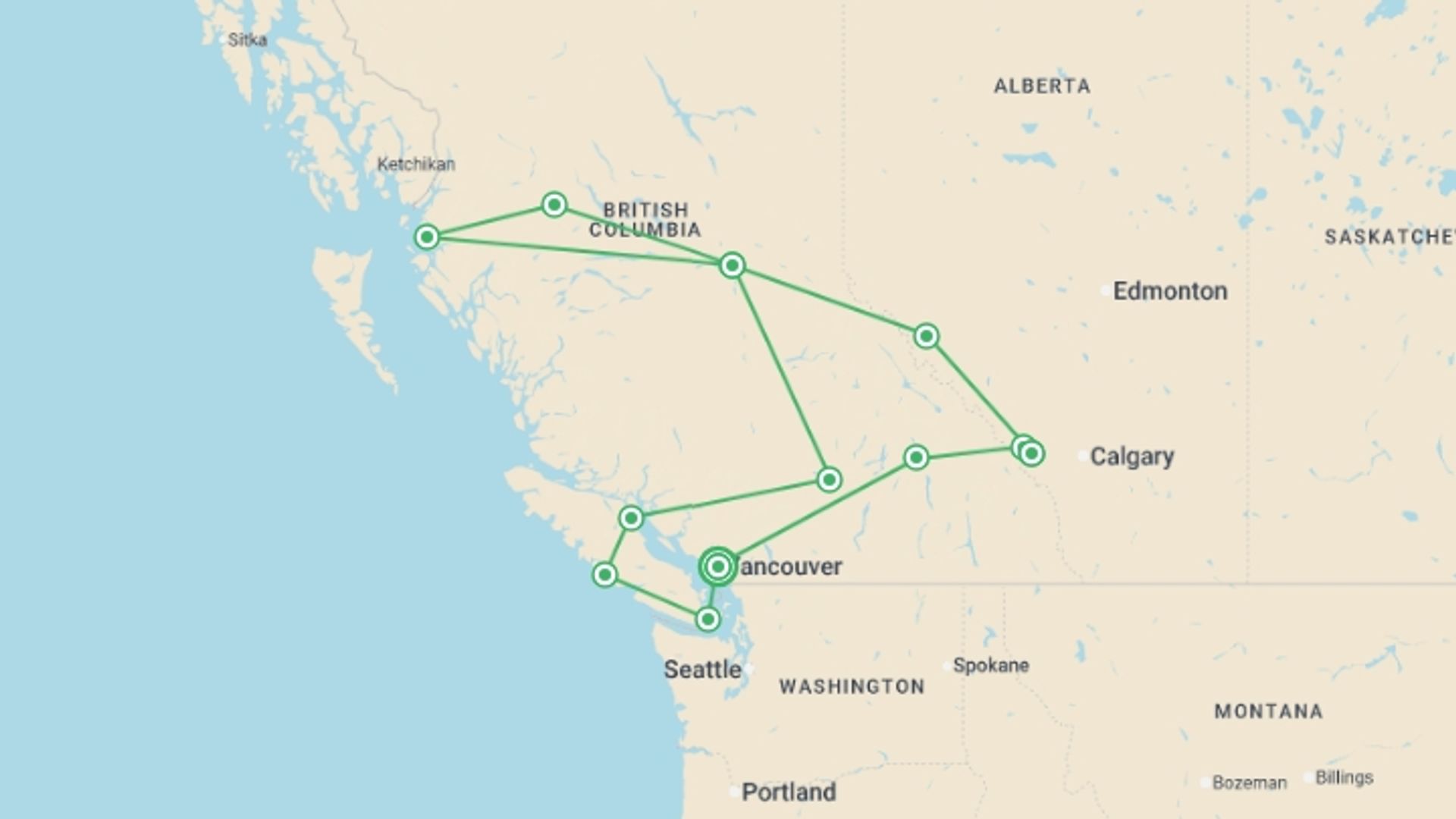 A map showing the tour itinerary for the trip: The Grand Canadian West Self Drive, starting in Vancouver, Canada and ending in Vancouver, Canada going through 12 other destinations.