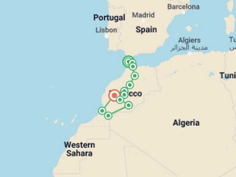 Map of Tangier Explorer Tour with 12 destination visits for the trip: Complete Morocco Active Adventure