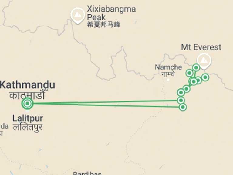 Map of 14-Day Everest Base Camp trek Tour with 12 destination visits for the trip: Island Peak Climb With Everest Base Camp Trek