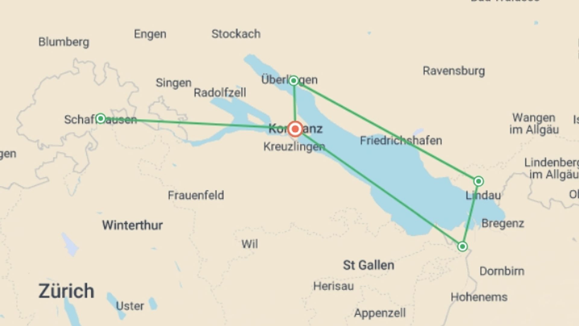 A map showing the tour itinerary for the trip: Lake Constance Circuit by Bike, starting in Konstanz, Germany and ending in Constance, Germany going through 4 other destinations.