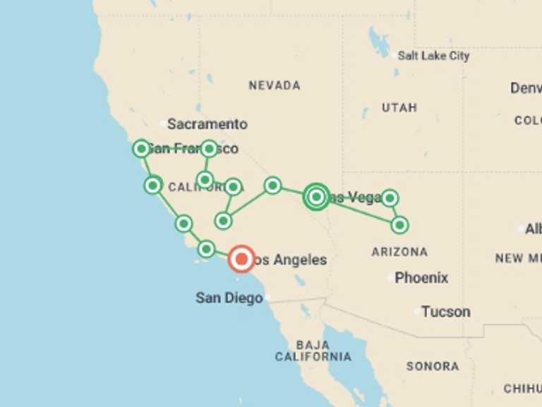 Map of a Sightseeing Tour with 7 destination visits for the trip: Great Cities of the West