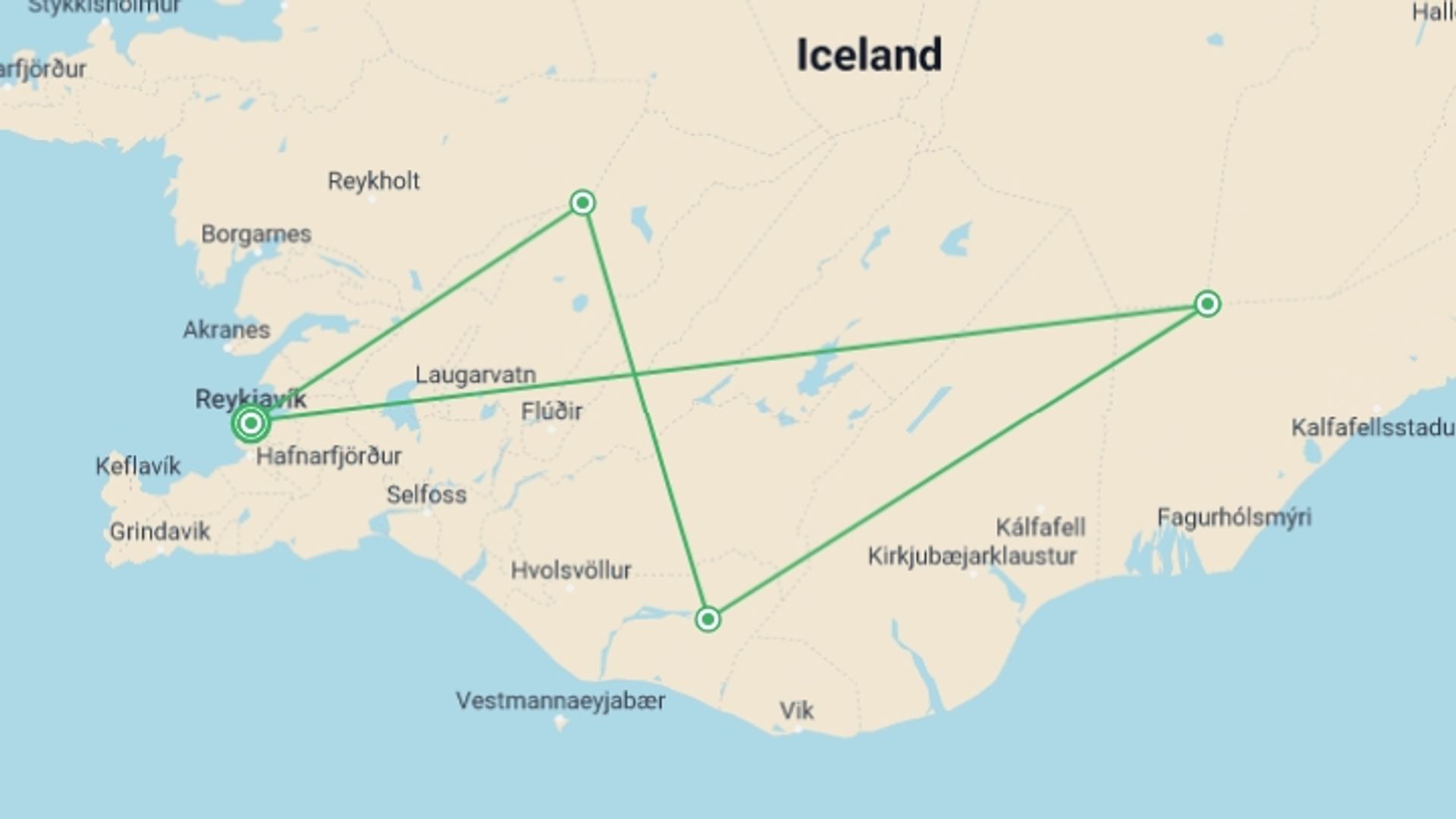 A map showing the tour itinerary for the trip: Iceland Winter Trip (Private), starting in Reykjavik, Iceland and ending in Reykjavik, Iceland going through 5 other destinations.