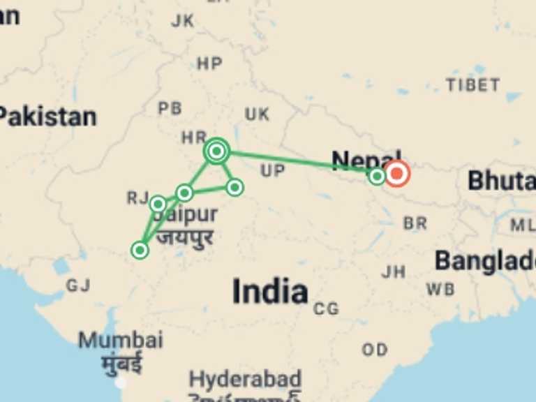 Map of Udaipur City sightseeing Tour with 7 destination visits for the trip: Picturesque Solo India and Nepal Tour